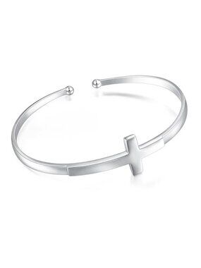 Women's Sterling Silver Sideways Cross Bangle Faith Hope Love Engraved Bracelet
